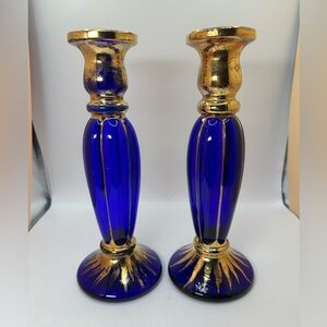 Euroglass Italy bud vases/ candle holders. Cobalt with Gold painted trim.